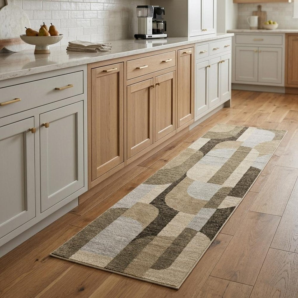 8' Green And Ivory Geometric Runner Rug