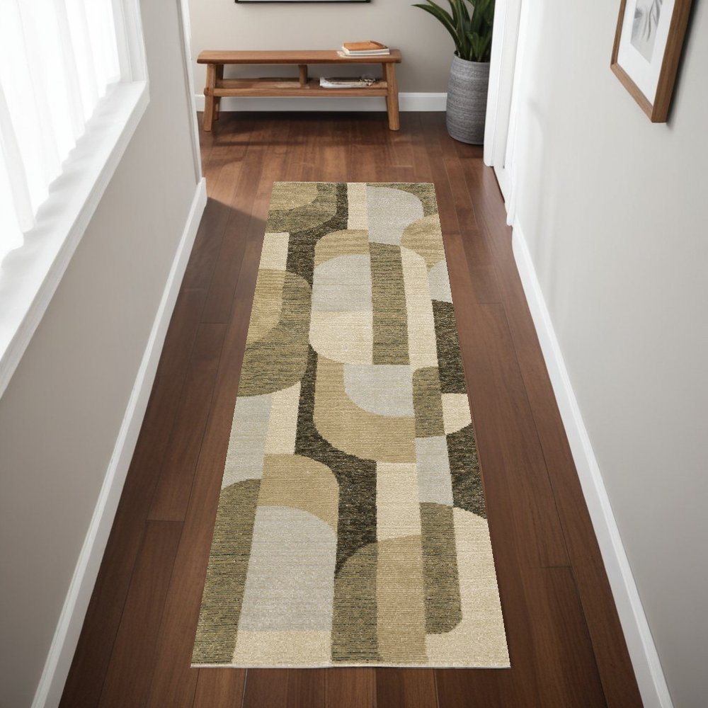 8' Green And Ivory Geometric Runner Rug