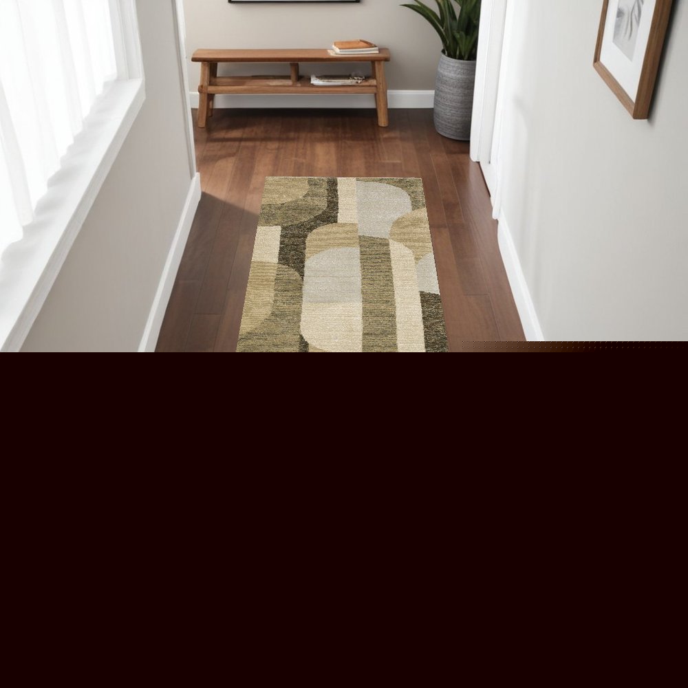 8' Green And Ivory Geometric Runner Rug