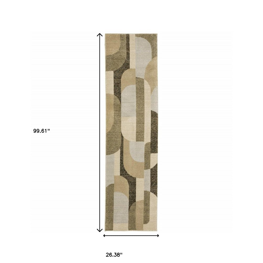 8' Green And Ivory Geometric Runner Rug