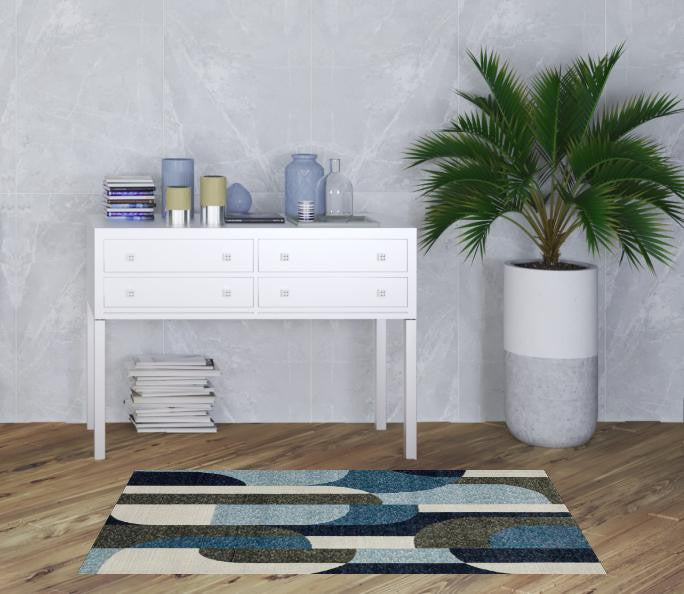3' X 5' Blue Grey Charcoal and Purple Geometric Power Loom Area Rug