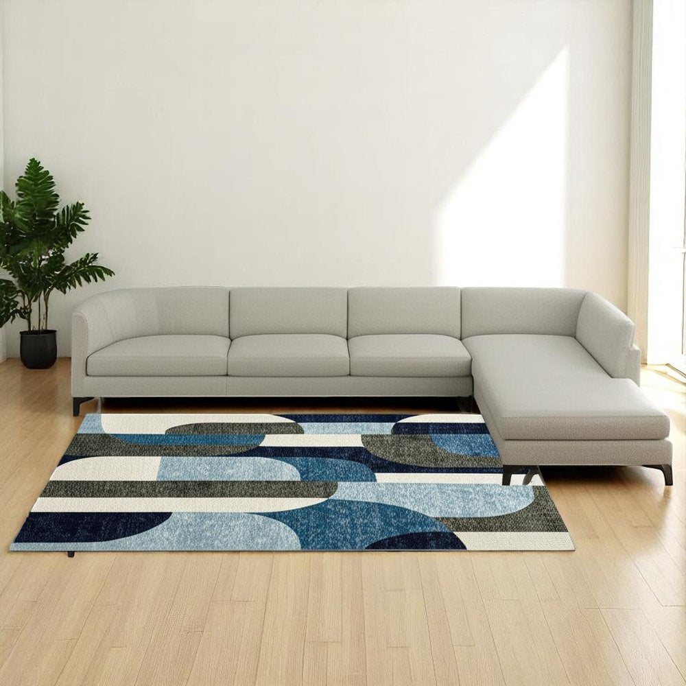 8' X 11' Blue Grey Charcoal and Purple Geometric Power Loom Area Rug