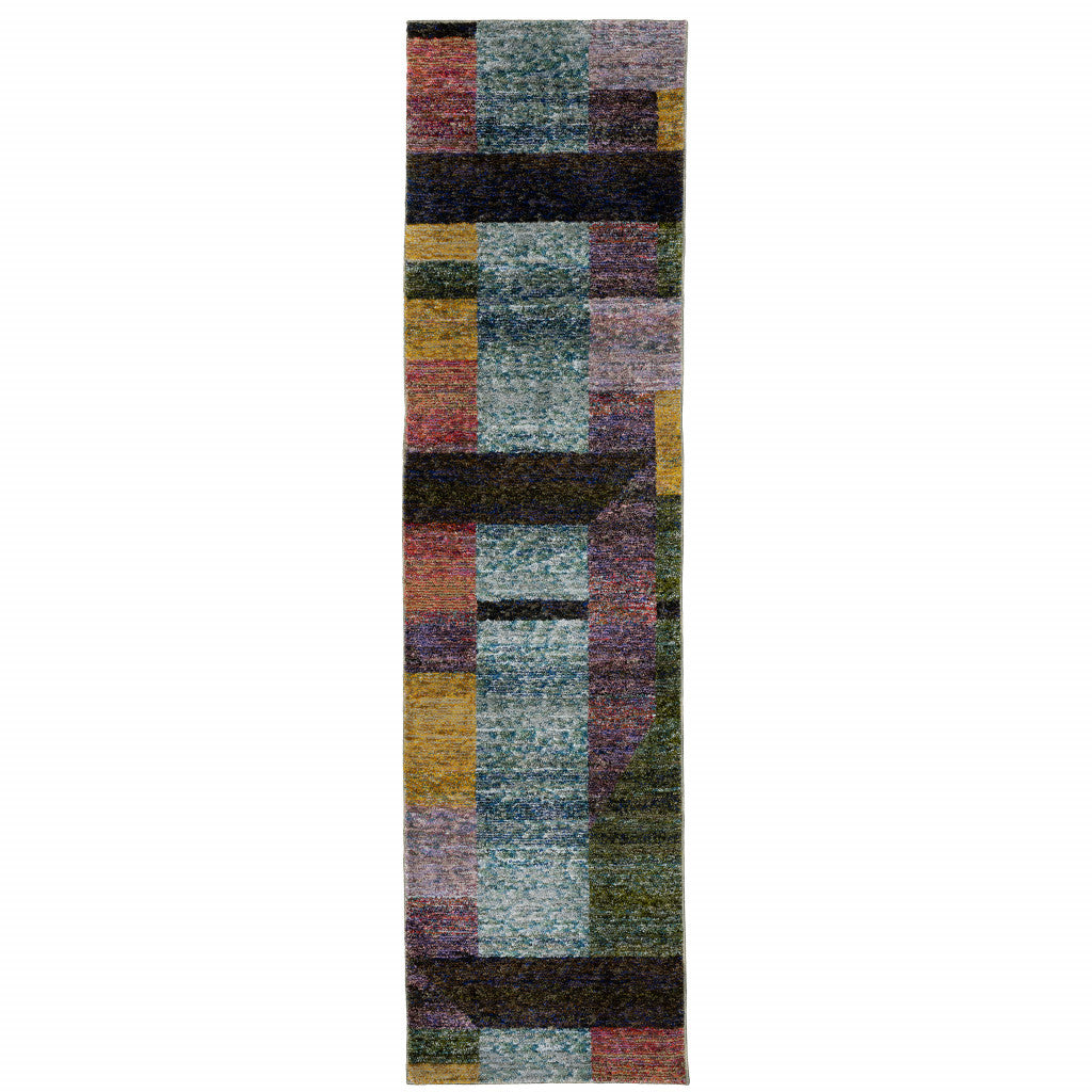 2' X 8' Purple Blue Teal Gold Green Red And Pink Geometric Power Loom Stain Resistant Runner Rug
