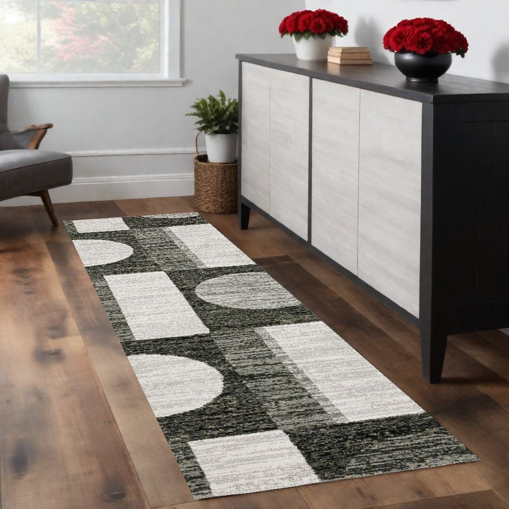 8' Gray And Ivory Geometric Runner Rug