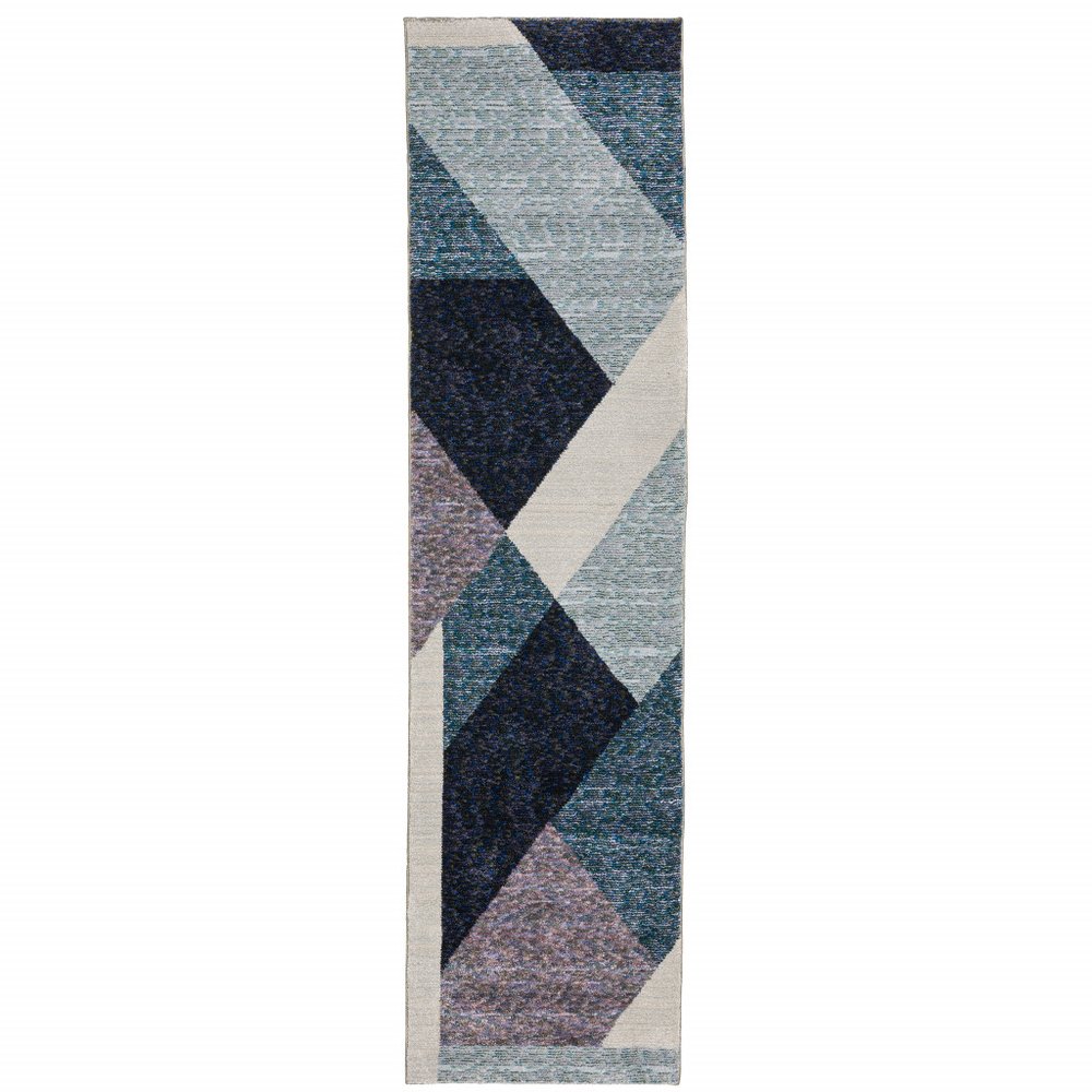 8' Blue Purple And Gray Geometric Runner Rug