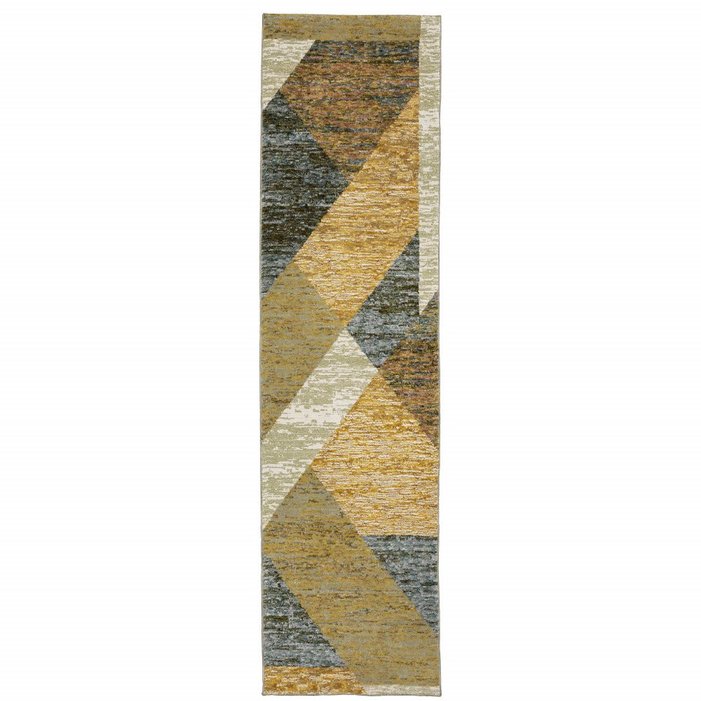 8' Blue And Beige Geometric Runner Rug