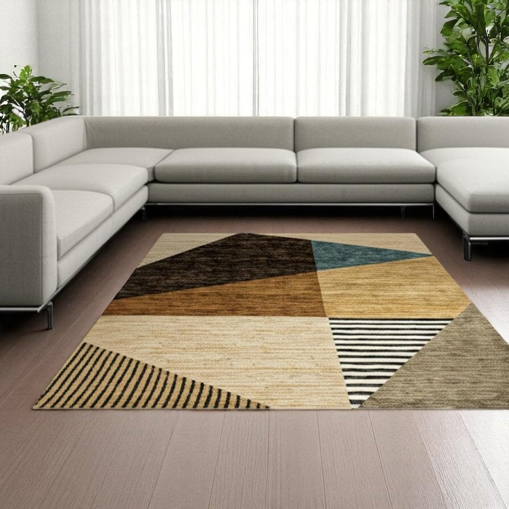 7' X 10' Gold Brown Blue Charcoal Rust and Beige Geometric Power Loom Area Rug