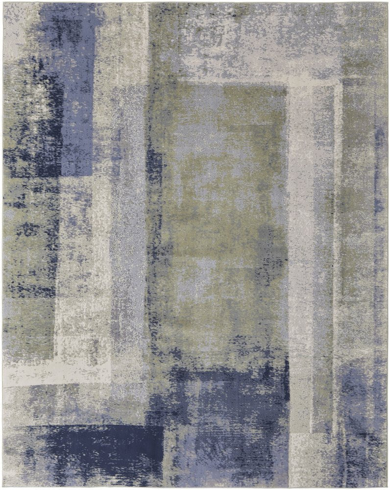 9' X 12' Blue Green And Ivory Abstract Distressed Area Rug