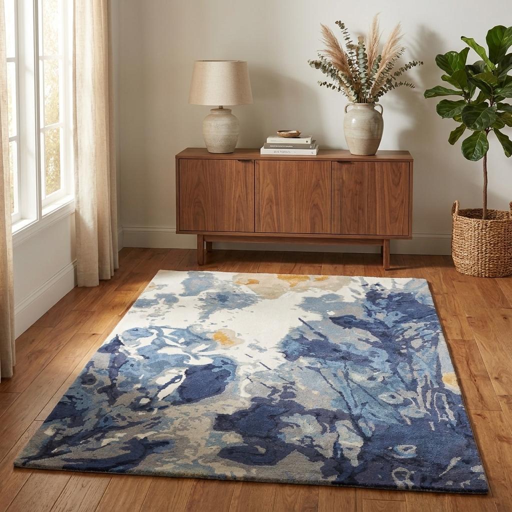 4' X 6' Blue Copper And Ivory Wool Floral Hand Tufted Area Rug
