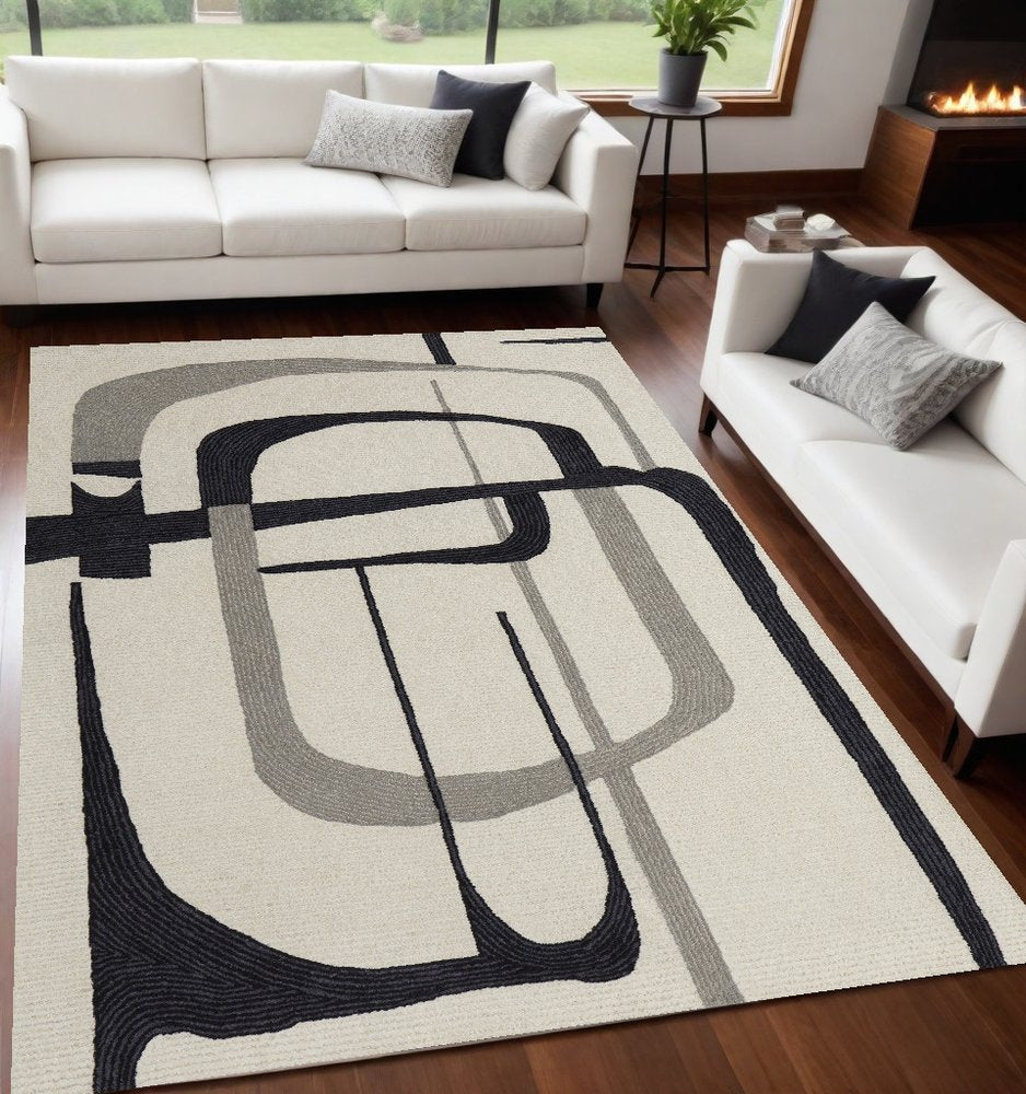 4' X 6' Gray and Ivory Wool Abstract Hand Tufted Area Rug
