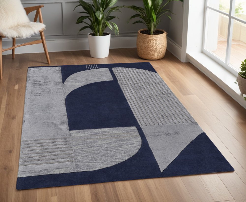 4' X 6' Blue and Silver Wool Geometric Hand Tufted Area Rug