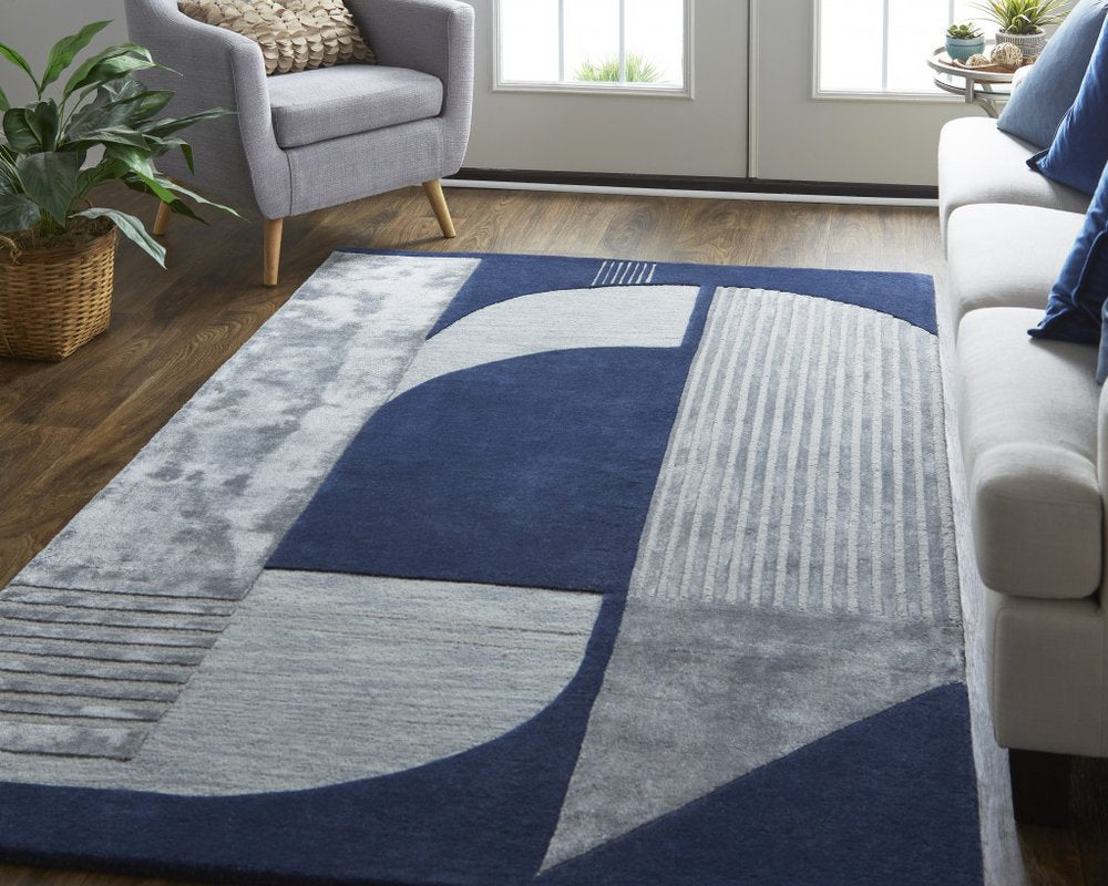 4' X 6' Blue and Silver Wool Geometric Hand Tufted Area Rug