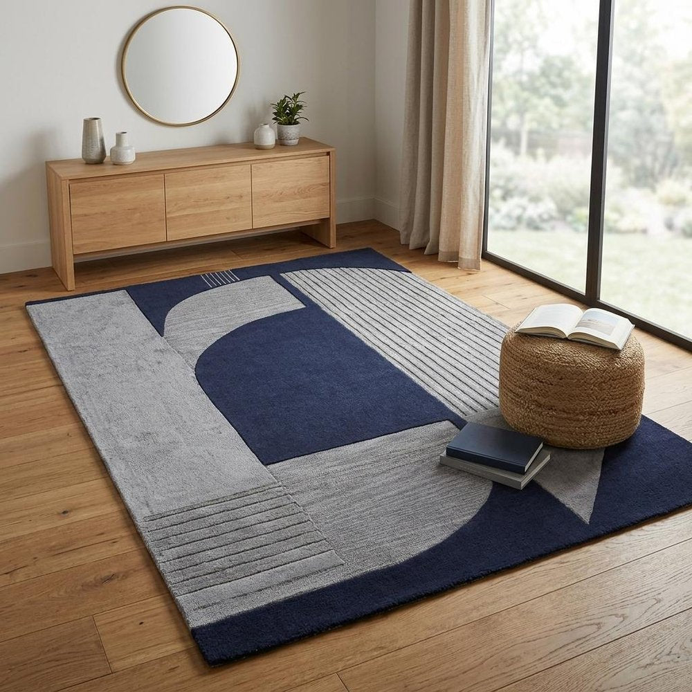 4' X 6' Blue and Silver Wool Geometric Hand Tufted Area Rug