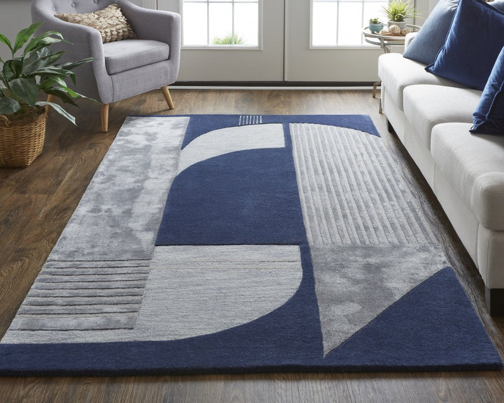 4' X 6' Blue and Silver Wool Geometric Hand Tufted Area Rug
