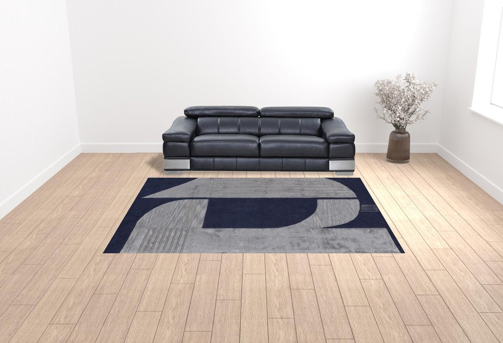 4' X 6' Blue and Silver Wool Geometric Hand Tufted Area Rug