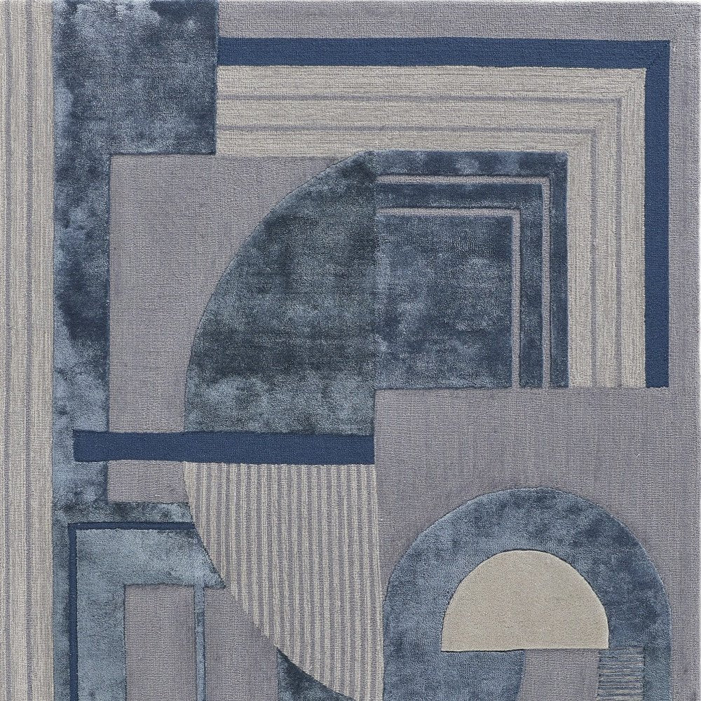 9' X 12' Blue Ivory And Gray Wool Striped Tufted Handmade Area Rug