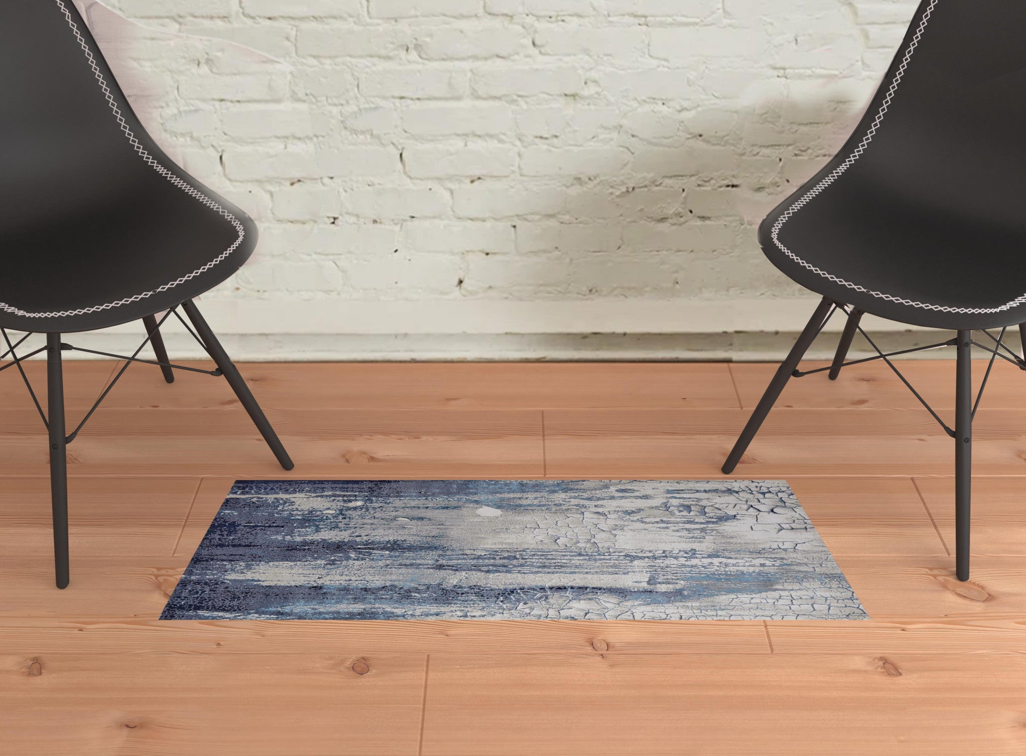 2' X 3' Ivory Blue And Black Abstract Power Loom Distressed Area Rug