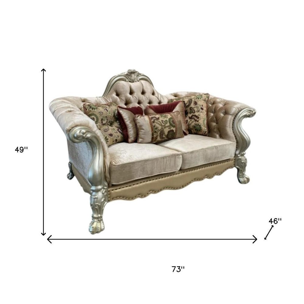 73" Bone Velvet Loveseat and Toss Pillows