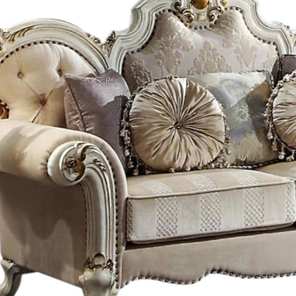 70" Gold And Pearl Velvet Loveseat and Toss Pillows