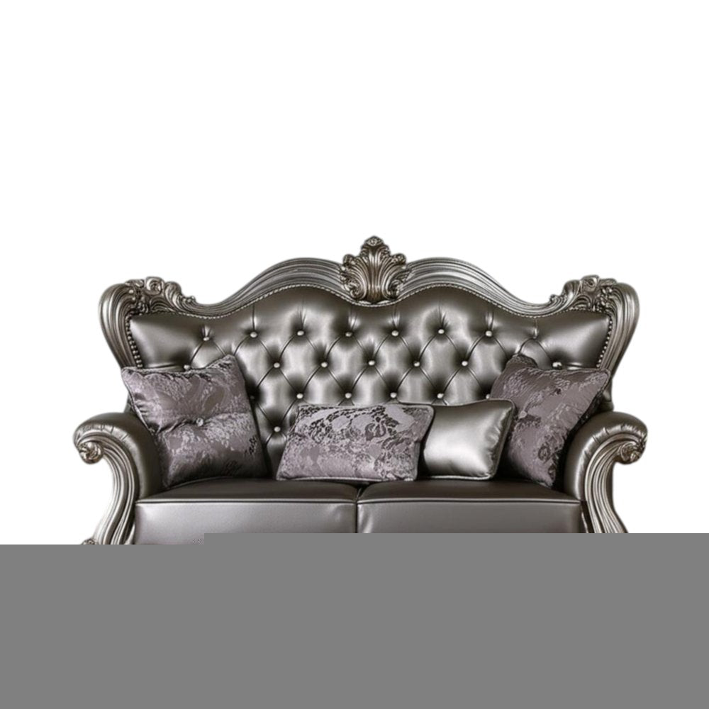 70" Silver And Platinum Faux Leather Loveseat and Toss Pillows