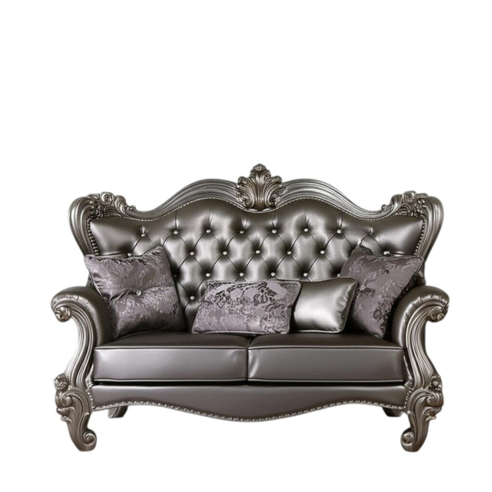 70" Silver And Platinum Faux Leather Loveseat and Toss Pillows