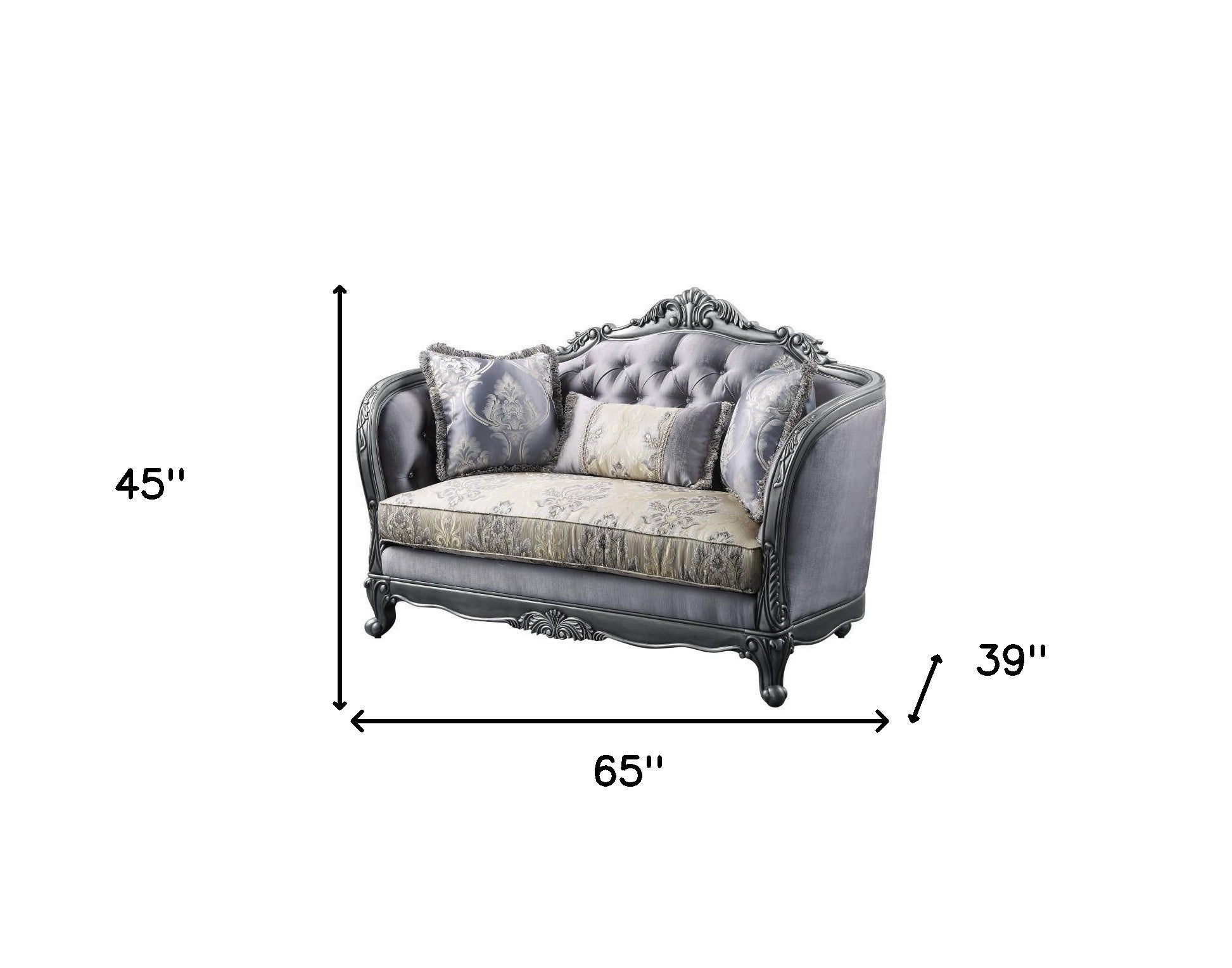 65" Gray Silver And Platinum Silk Blend Loveseat and Toss Pillows