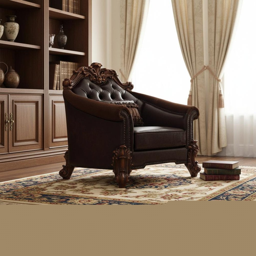 43" Dark Brown Faux Leather Tufted Chesterfield Chair And Toss Pillow