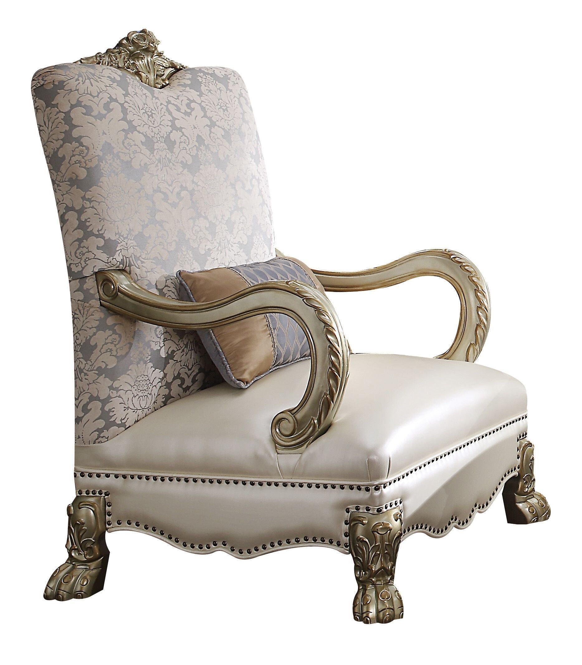 34" Pearl and Gold Faux Leather Damask Arm Chair