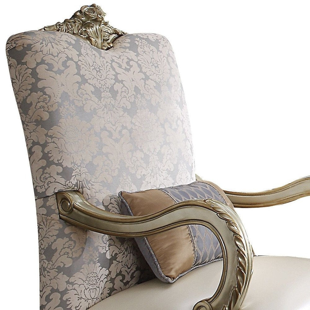 34" Pearl and Gold Faux Leather Floral Arm Chair And Toss Pillow