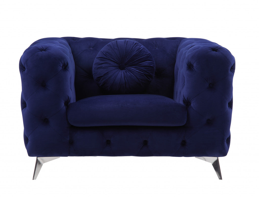 41" Blue Fabric And Black Tufted Arm Chair