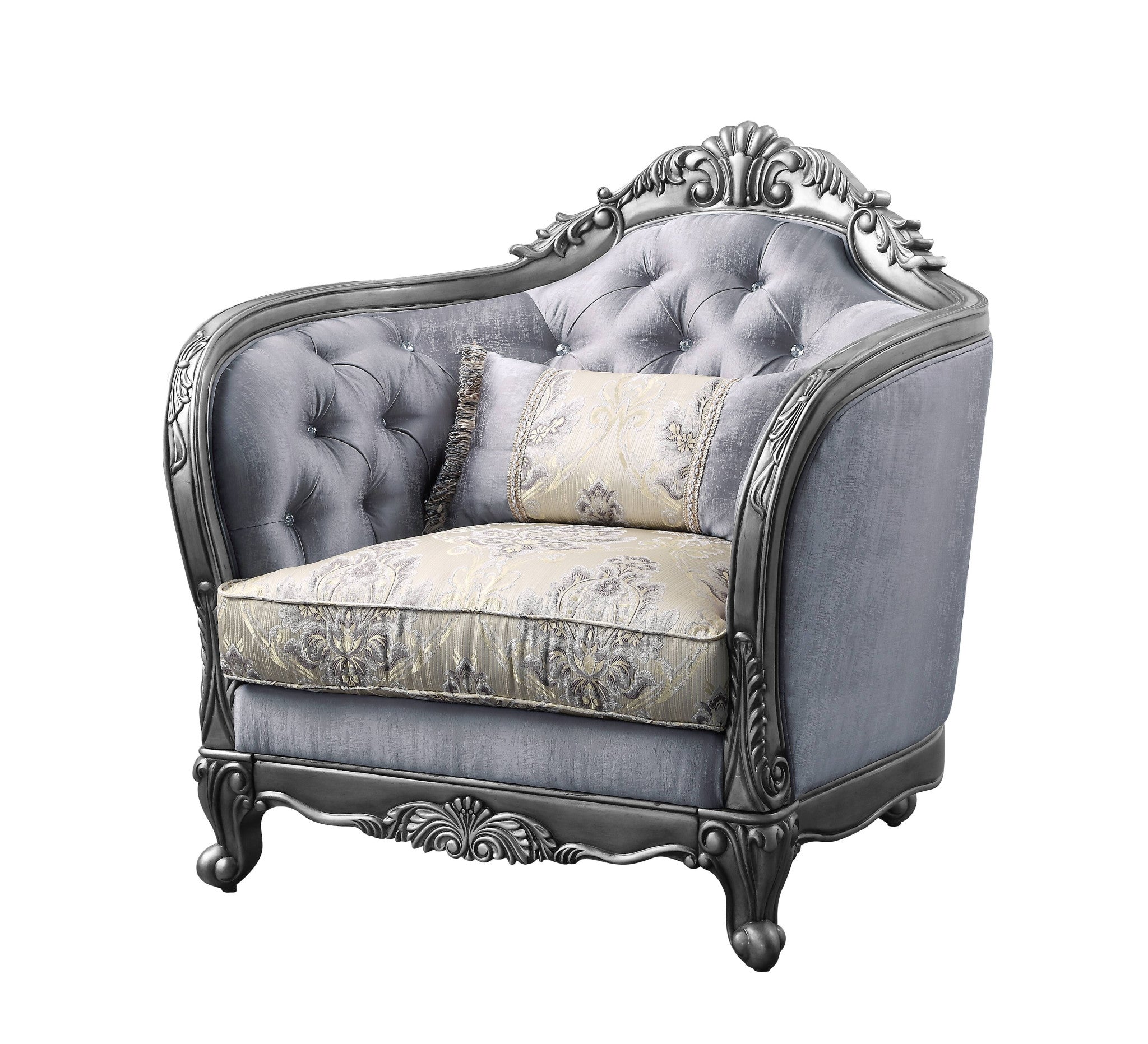 43" Light Gray Fabric And Platinum Floral Tufted Arm Chair