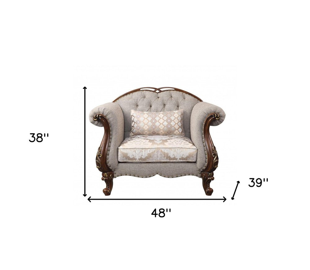 48" Beige and Brown Fabric Floral Arm Chair