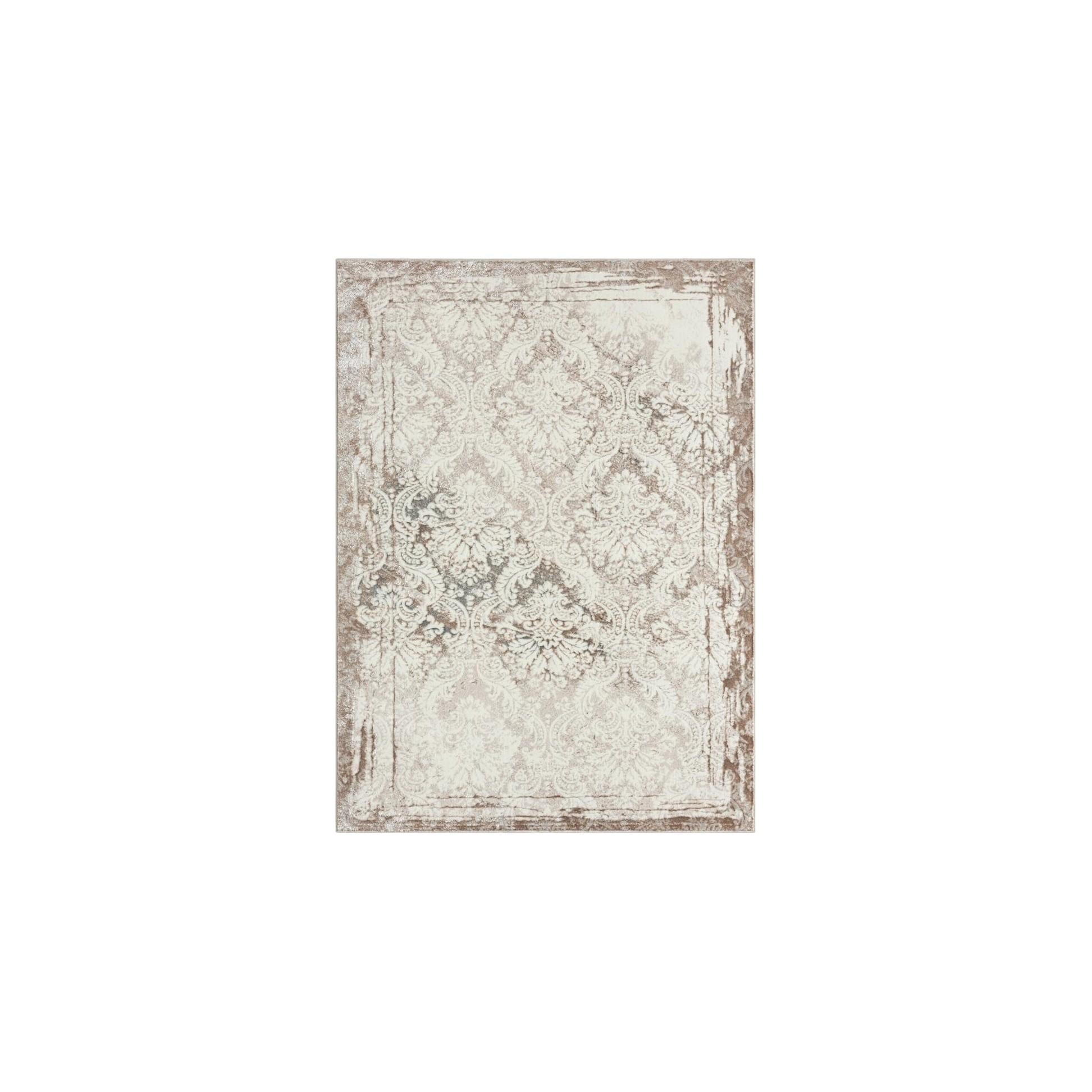 5' X 7' Cream Damask Stain Resistant Area Rug
