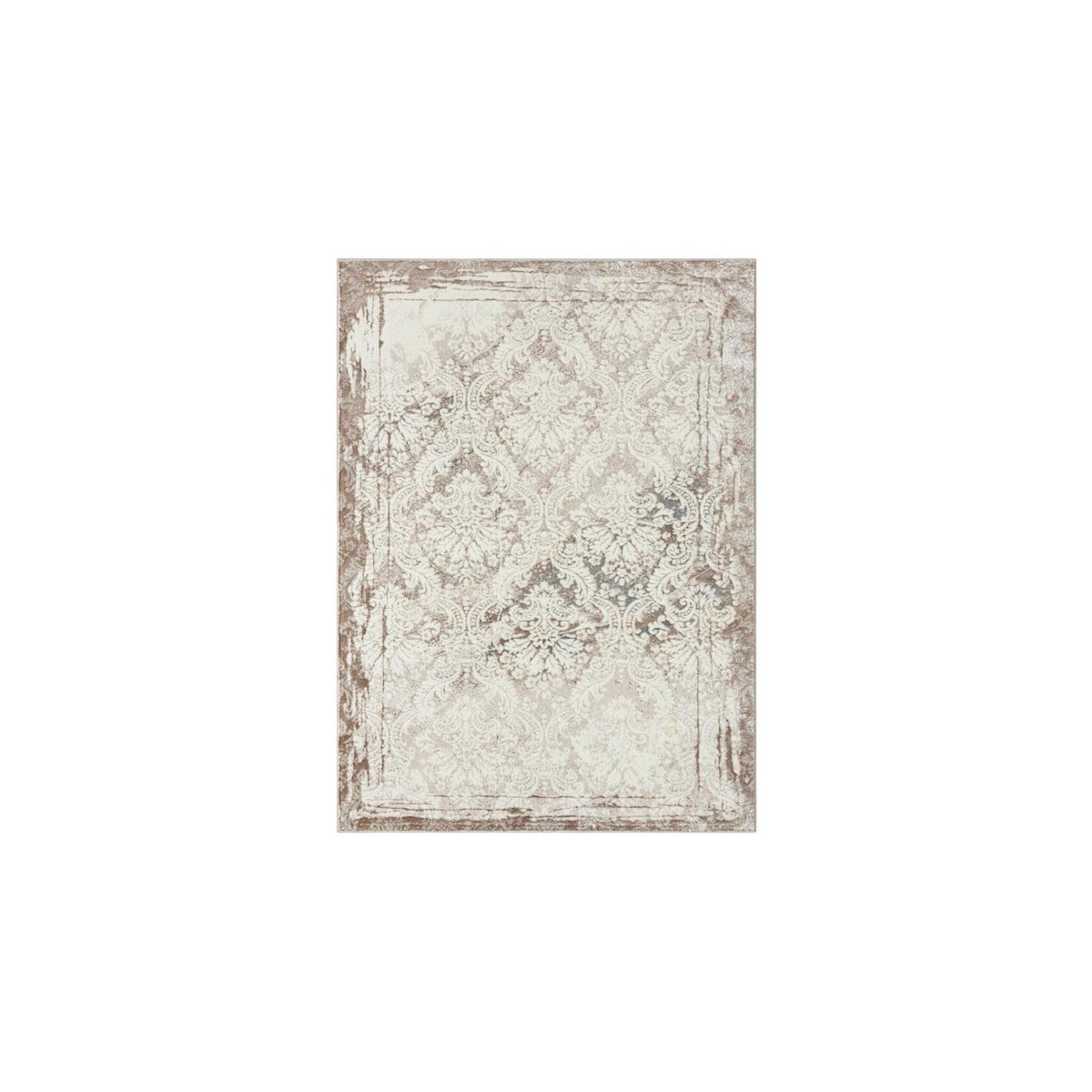 5' X 7' Cream Damask Stain Resistant Area Rug