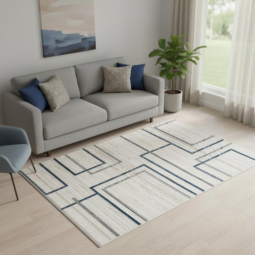 5' X 7' Ivory Blue and Gray Geometric Area Rug