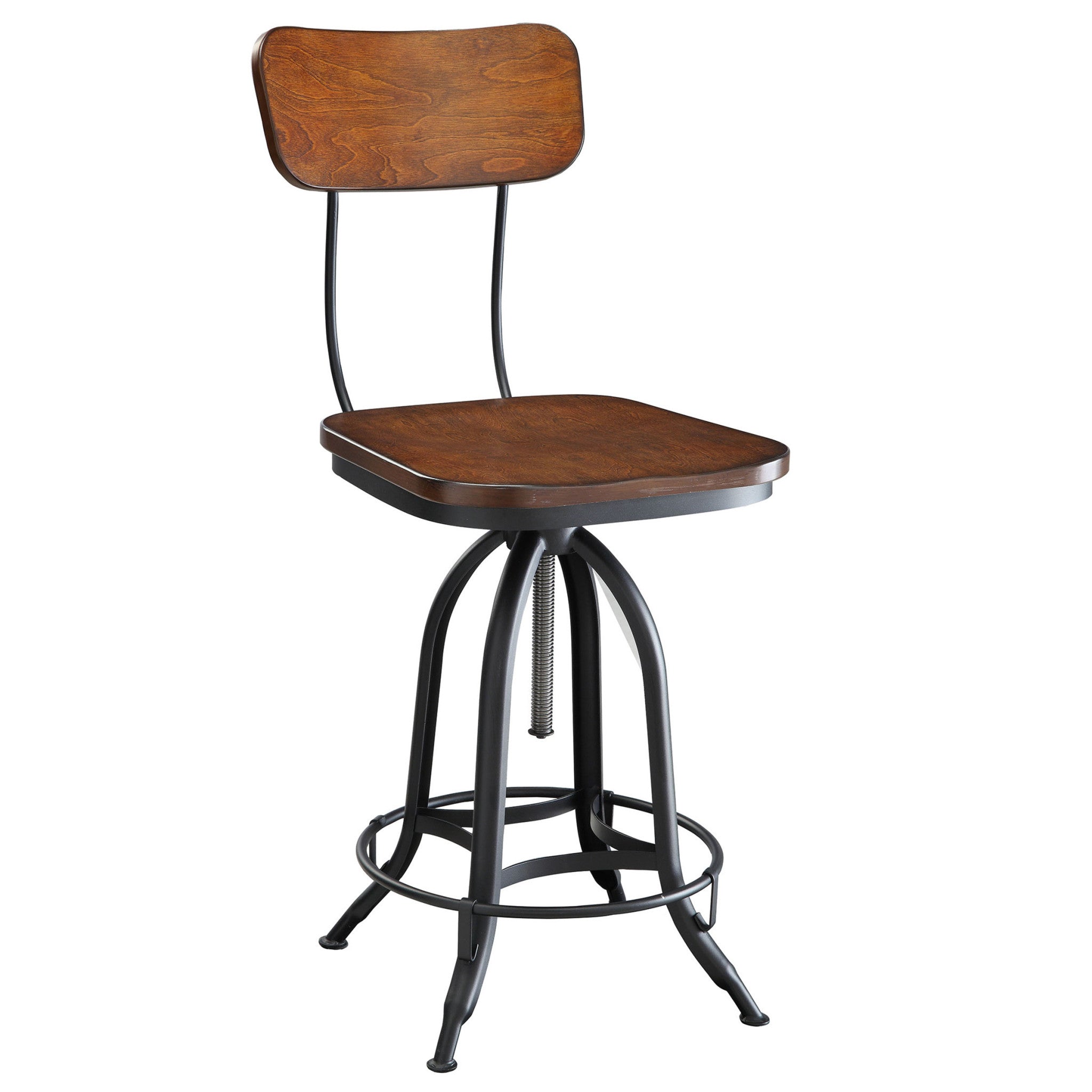 Brown And Black Solid Wood And Steel Adjustable Height Swivel Bar Chair