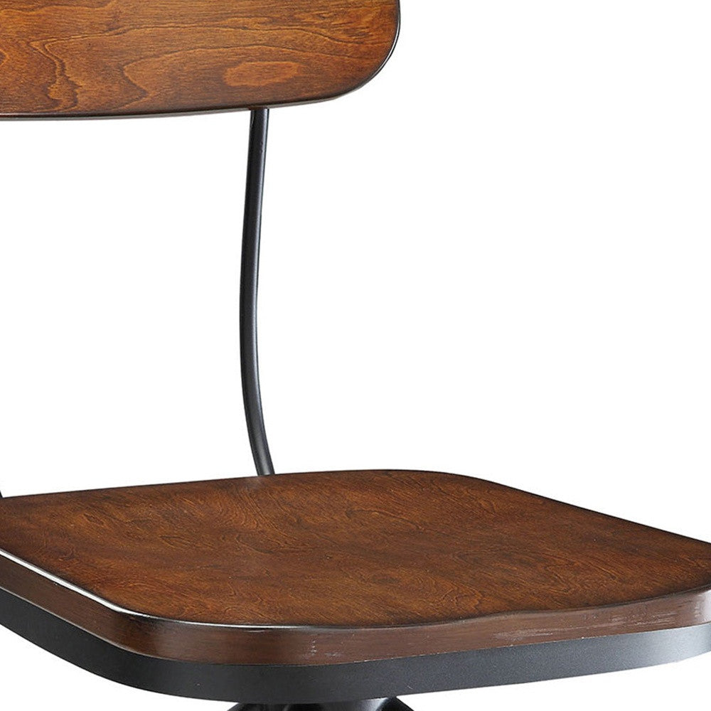 Brown And Black Solid Wood And Steel Adjustable Height Swivel Bar Chair