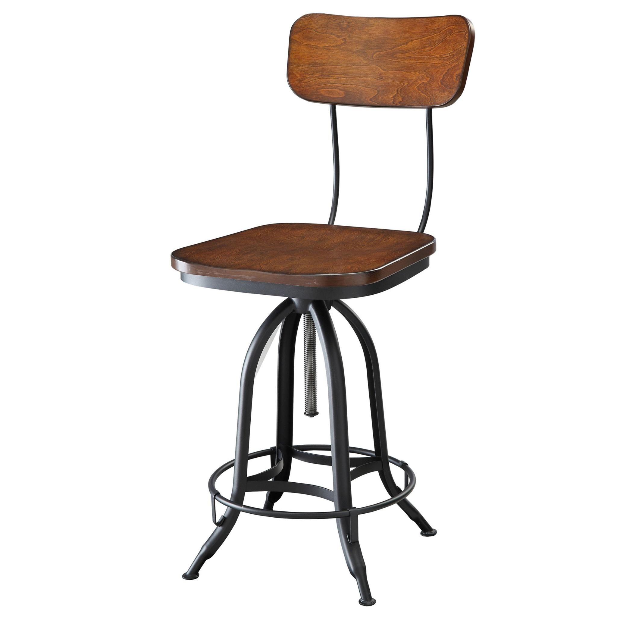 Brown And Black Solid Wood And Steel Adjustable Height Swivel Bar Chair