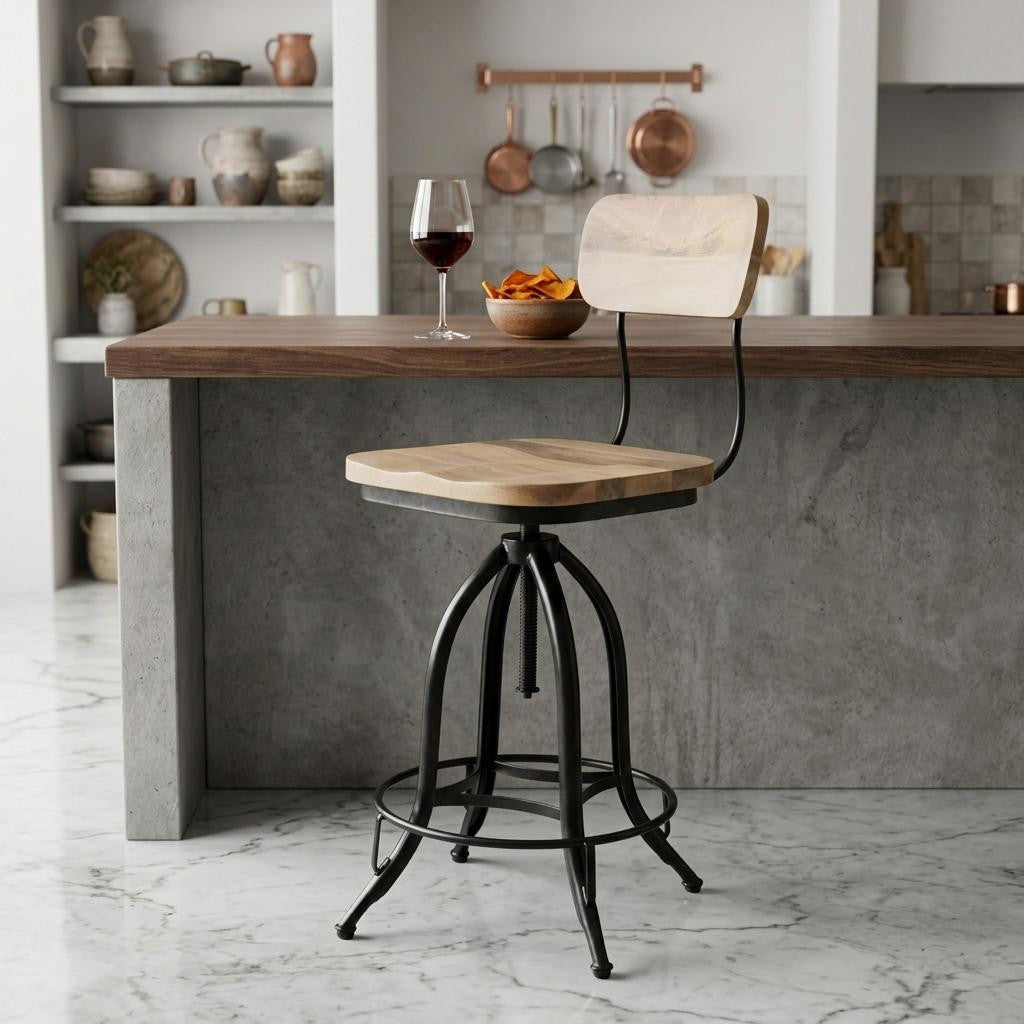Brown And Black Solid Wood And Steel Counter Height Swivel Bar Chair