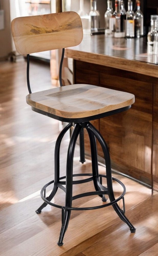 Brown and Black Solid Wood and Steel Counter Height Swivel Bar Chair