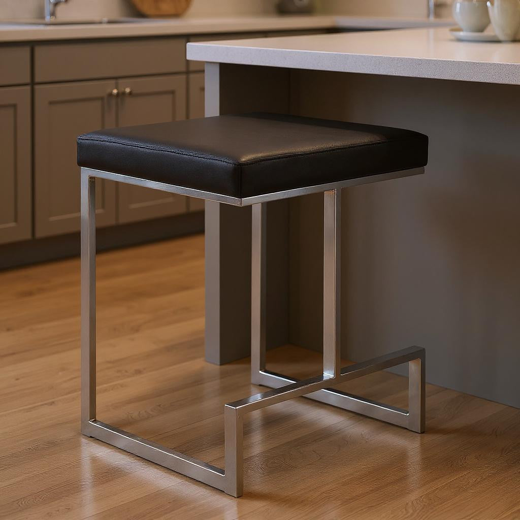 24" Black And Silver Faux Leather And Fabric And Steel Backless Counter Height Bar Chair