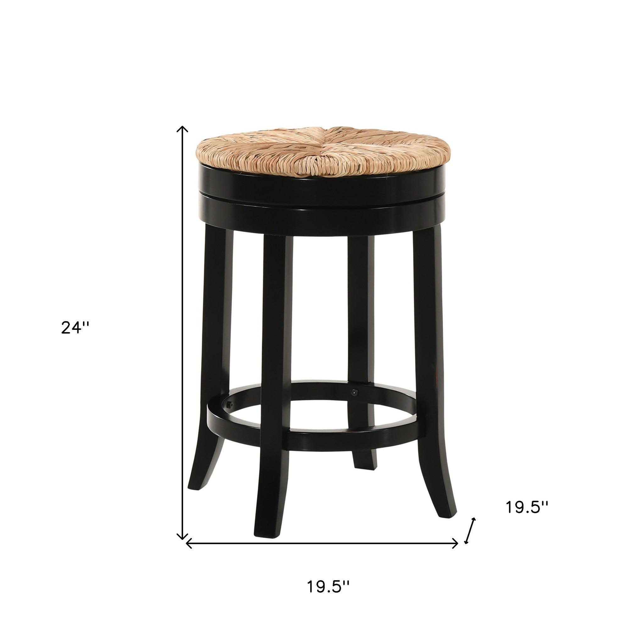 24" Natural And Black Rush And Solid Wood Backless Counter Height Swivel Bar Chair