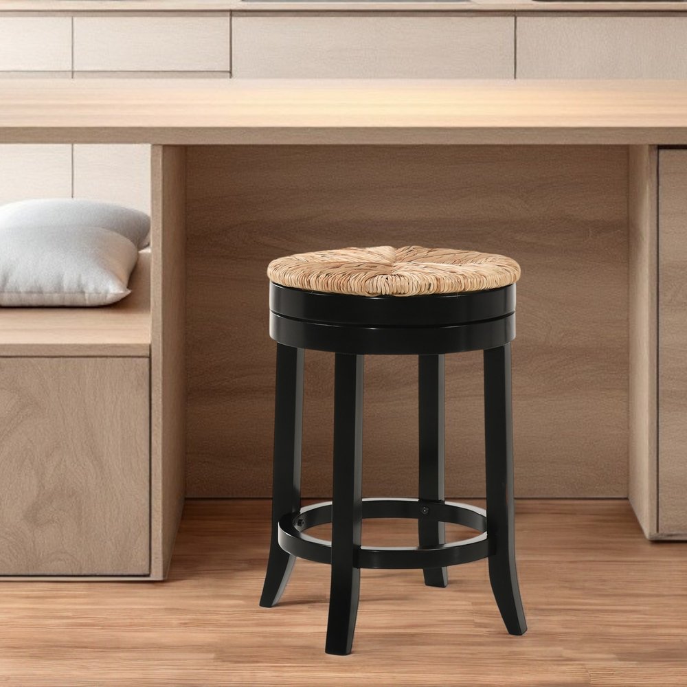 24" Natural and Black Rush and Solid Wood Backless Counter Height Swivel Bar Chair