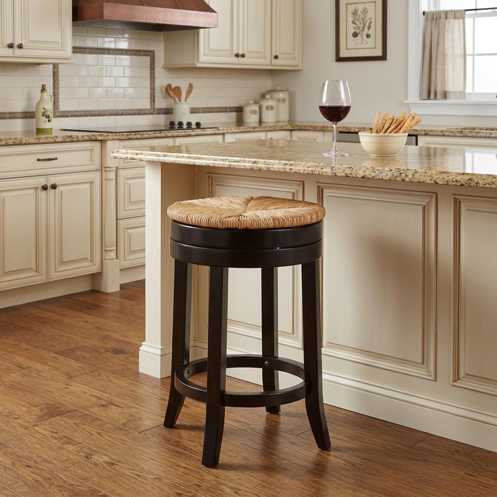 24" Natural And Espresso Rush And Solid Wood Backless Counter Height Swivel Bar Chair