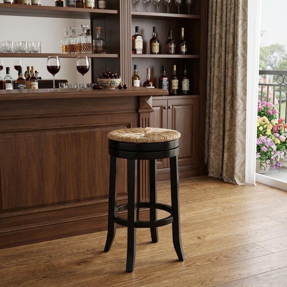 30" Natural And Black Solid Wood Swivel Backless Bar Height Bar Chair