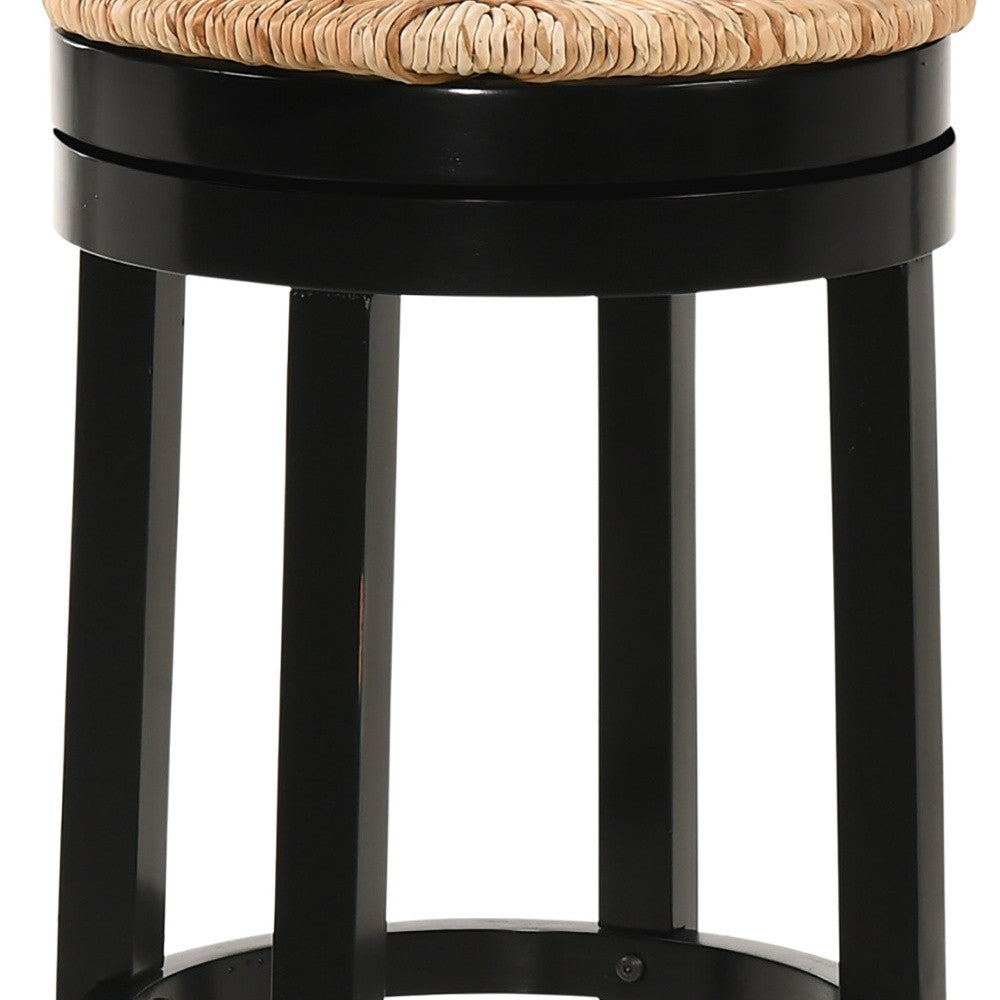 30" Natural And Black Rush And Solid Wood Backless Bar Height Swivel Bar Chair