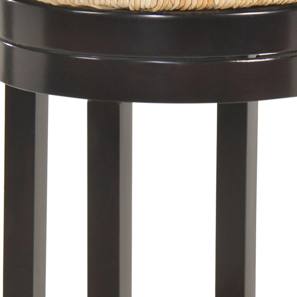 30" Natural And Espresso Rush And Solid Wood Backless Bar Height Swivel Bar Chair