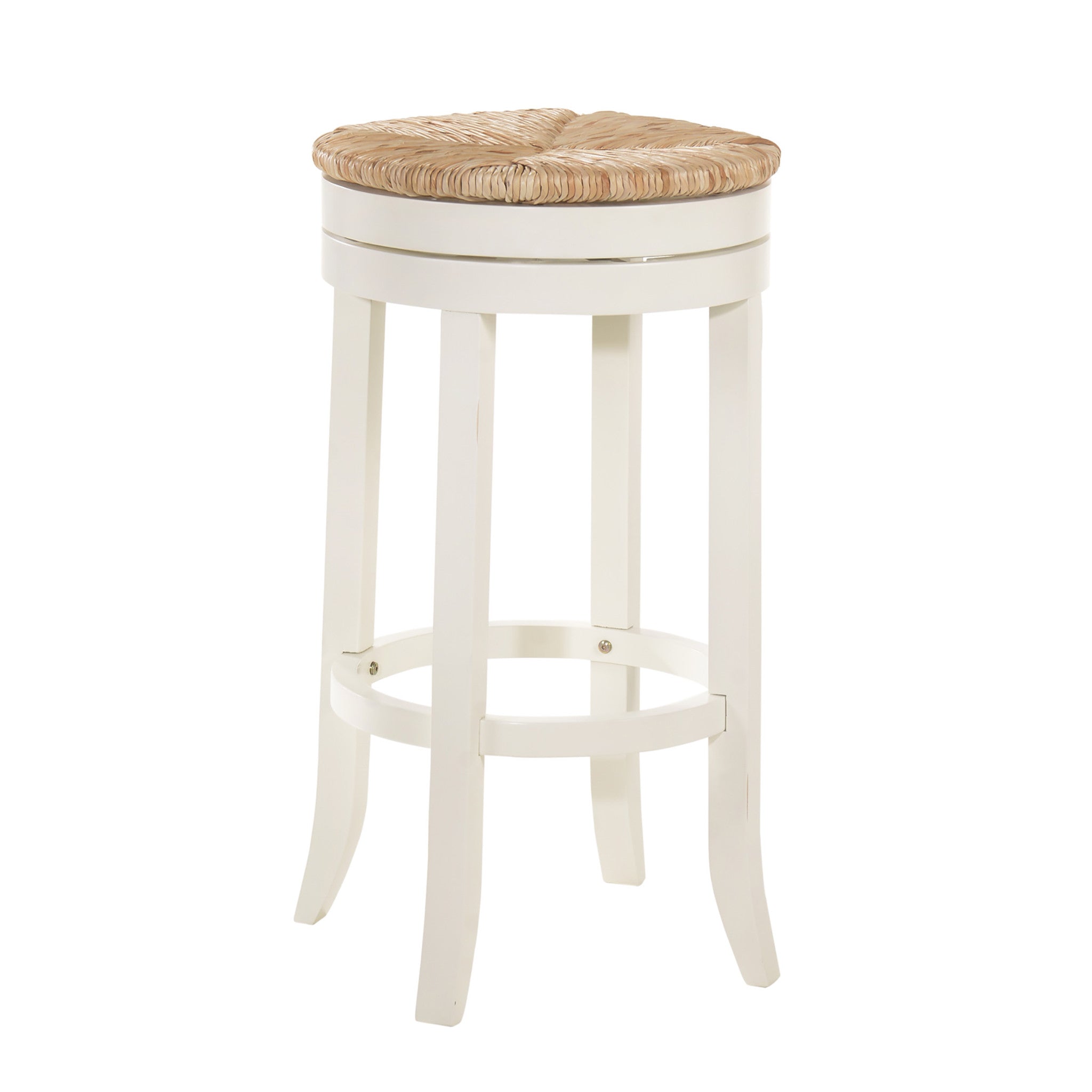 30" Natural And Antiqued White Rush And Solid Wood Backless Bar Height Swivel Bar Chair