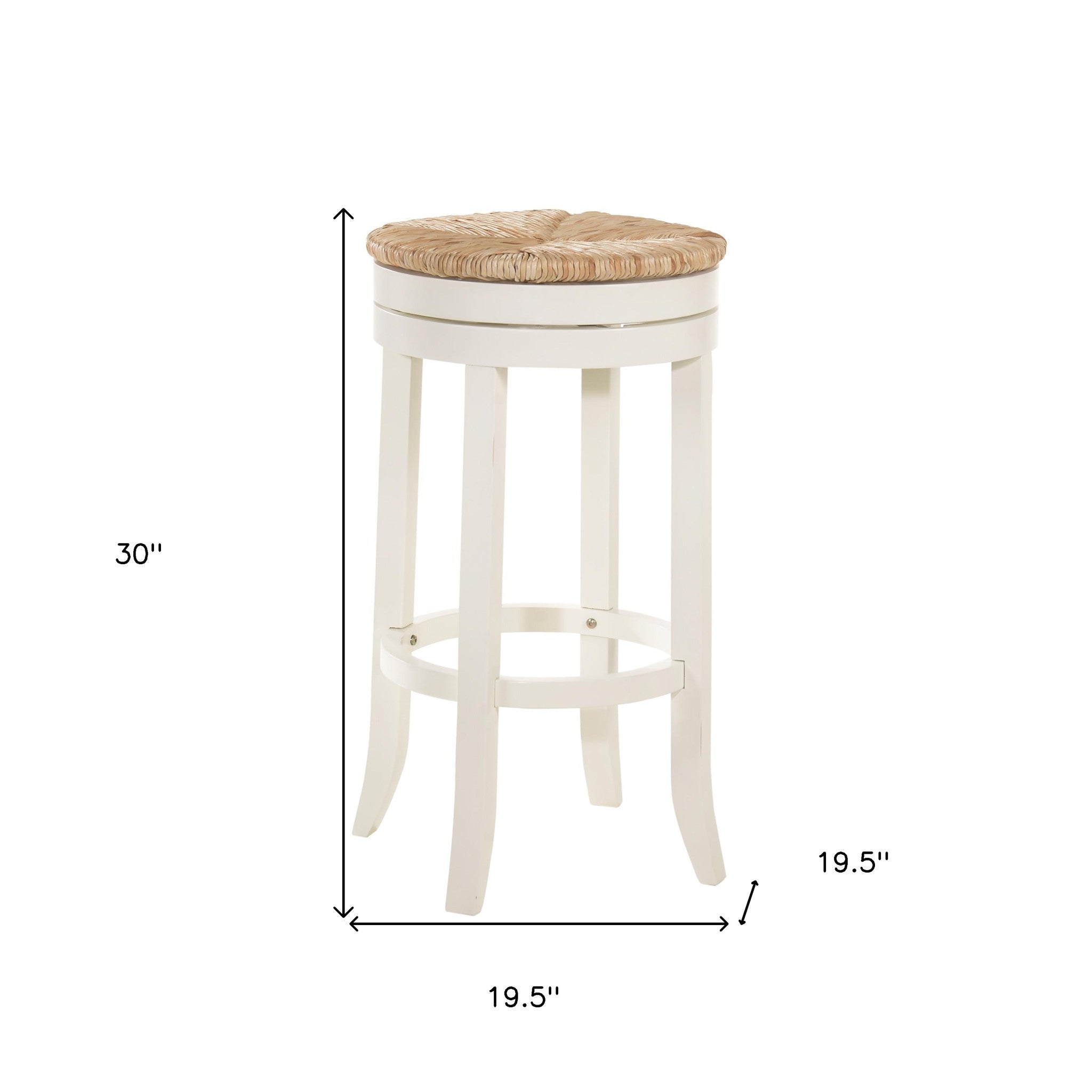 30" Natural And Antiqued White Rush And Solid Wood Backless Bar Height Swivel Bar Chair