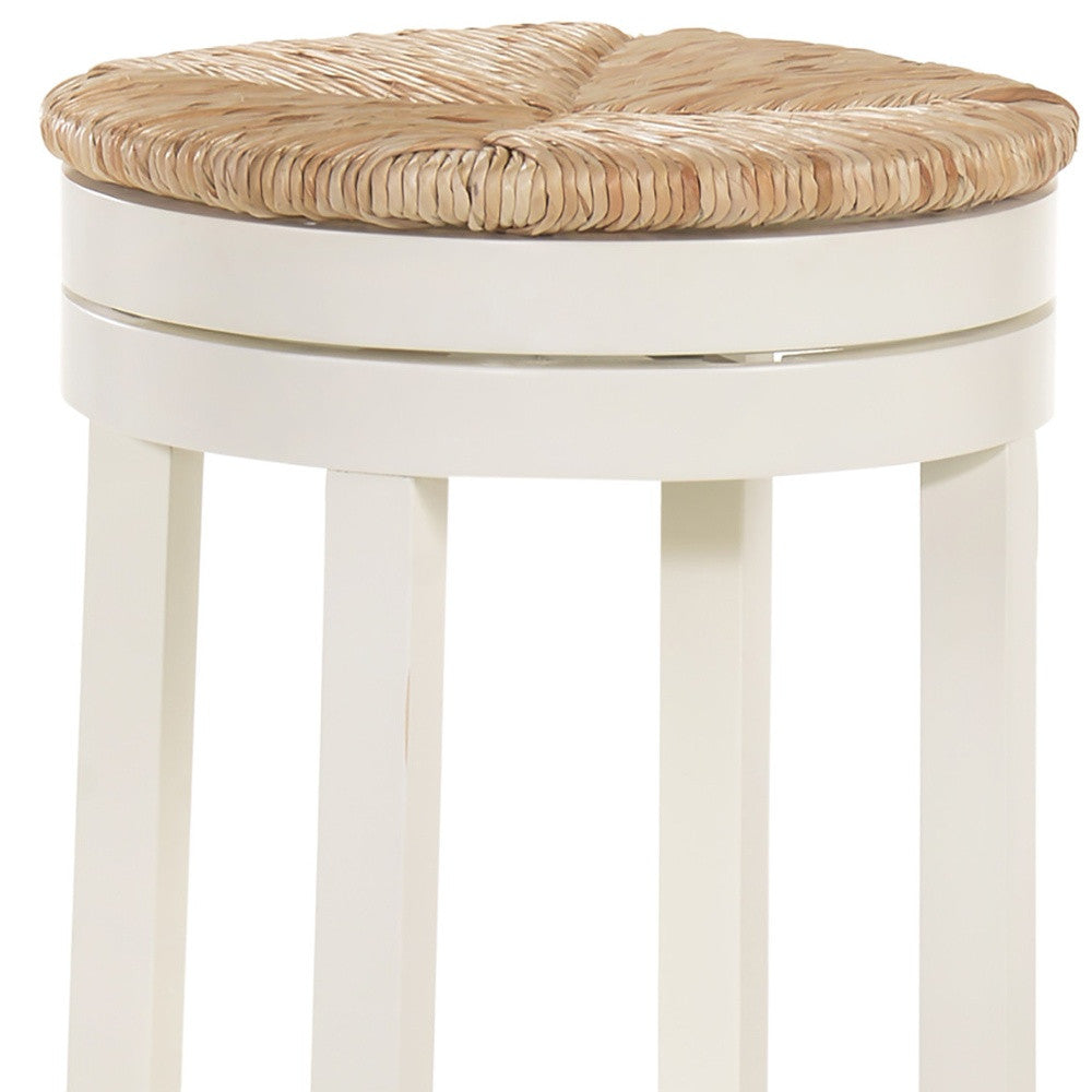 30" Natural And Antiqued White Rush And Solid Wood Backless Bar Height Swivel Bar Chair